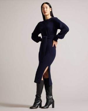 Dark Blue Ted Baker Essya Slouchy Tie Front Midi Knit Dress | ZA0000142