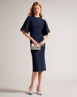 Dark Blue Ted Baker Lounia Fluted Sleeve Knitted Bodycon Midi Dress | ZA0000136