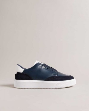 Dark Blue Ted Baker Luigis Inflated Sole Leather And Suede Sneakers | ZA0001735