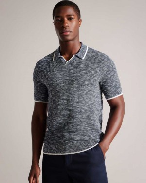 Dark Blue Ted Baker Plantr Open Collar Marled Polo Shirt | ZA0000919