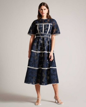 Dark Blue Ted Baker Rubiely Midi Fit And Flare Lace Dress | ZA0000207