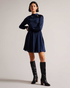 Dark Blue Ted Baker Ryaa High Neck Fit And Flare Mini Dress | ZA0000254