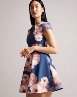 Dark Blue Ted Baker Trinia Floral Print Skater Dress | ZA0000121