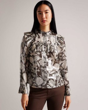 Dark Brown Ted Baker Dottiah Blouse With Ruffle Bib Detail | ZA0001392