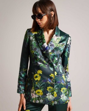 Dark Green Ted Baker Aikaa Printed Satin Double Breasted Jacket | ZA0001109