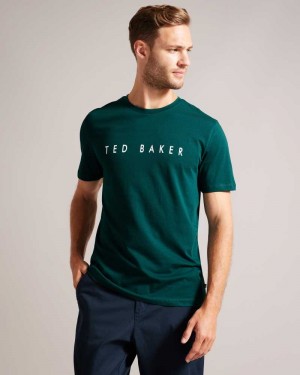 Dark Green Ted Baker Broni Short Sleeve Branded T-Shirt | ZA0001279