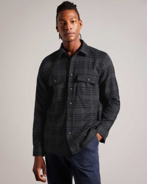 Dark Green Ted Baker Chieti Long Sleeve Textured Check Shirt | ZA0001022