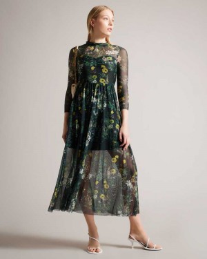 Dark Green Ted Baker Iilah Botanical Print Mesh Midi Dress | ZA0000241