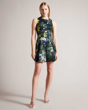 Dark Green Ted Baker Lexiya Printed Neoprene Skater Dress | ZA0000271