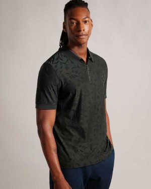 Dark Green Ted Baker Polenn Tulip Textured Zip Polo Shirt | ZA0000865