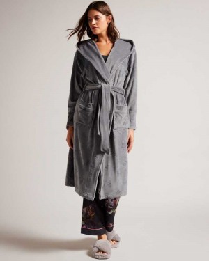 Dark Grey Ted Baker Slepsil Long Plush Hooded Dressing Gown | ZA0000819