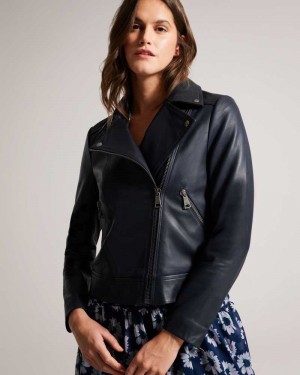 Dark Navy Ted Baker Ellaar Fitted Leather Biker Jacket | ZA0000599