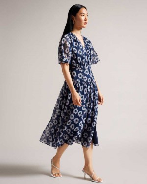 Dark Navy Ted Baker Marllee Floral Print Tiered Midi Dress | ZA0000178