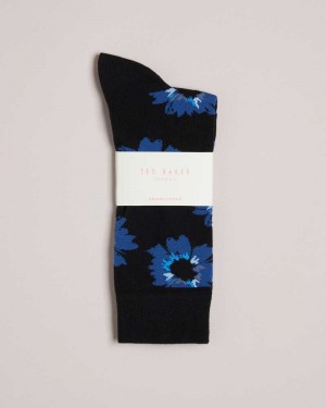 Dark Navy Ted Baker Newflor Painted Floral Print Socks | ZA0002066