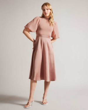 Dusky Pink Ted Baker Brontei Puff Sleeve Fitted Bodice Midi Dress | ZA0000195