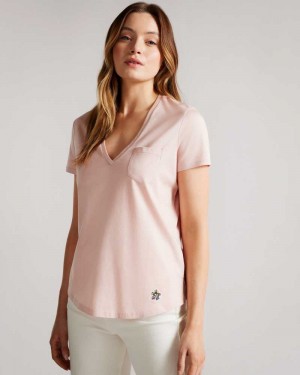 Dusky Pink Ted Baker Lovage Easy Fit V Neck T Shirt | ZA0001233