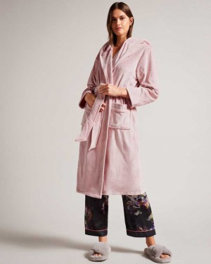 Dusky Pink Ted Baker Slepsel Long Plush Hooded Dressing Gown | ZA0000812