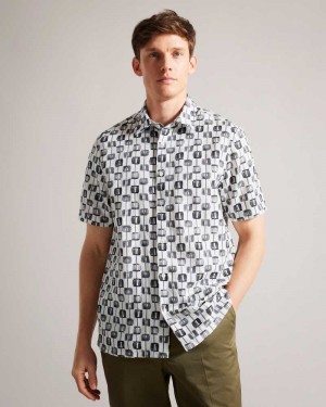 Ecru Ted Baker Erice Painted Geometric Short Sleeve Shirt | ZA0001008