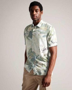 Ecru Ted Baker Oulart Short Sleeve Botanical Shirt | ZA0000952