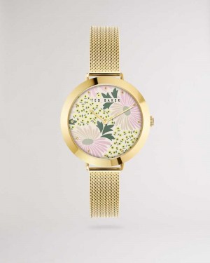 Gold Colour Ted Baker Lesedia Daisy Print Watch With Mesh Band | ZA0002189