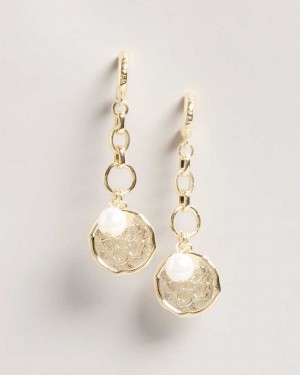 Gold Colour Ted Baker Peacce Pearly Chain Drop Earrings | ZA0001912