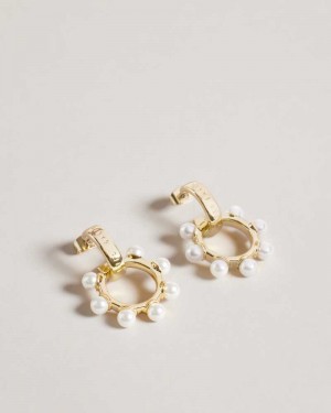 Gold Colour Ted Baker Petunaa Pearl Bubble Drop Hoop Earrings | ZA0001932