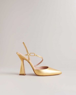 Gold Ted Baker Coriana Geometric Heel Pointed Court Shoes | ZA0001632