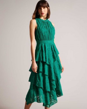 Green Ted Baker Floryah Embroidered Midi Dress With Tiered Skirt | ZA0000116