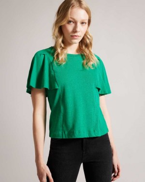 Green Ted Baker Hallenn Ruffle Sleeve T-Shirt | ZA0001254