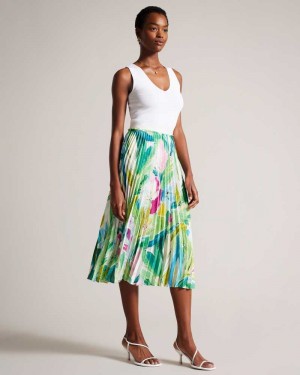 Green Ted Baker Lopehz Painted Floral Pleated Midi Skirt | ZA0001068