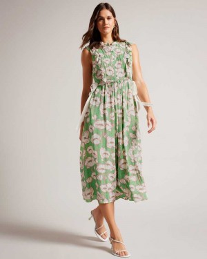 Green Ted Baker Tindraa Sleeveless Frilled Midi Dress | ZA0000216