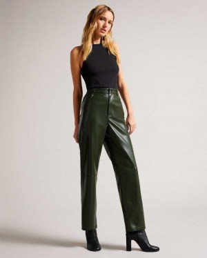 Khaki Ted Baker Plaider Straight Leg Faux Leather Trousers | ZA0001485