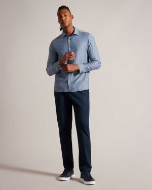 Light Blue Ted Baker Crotone Long Sleeve Herringbone Shirt | ZA0001012