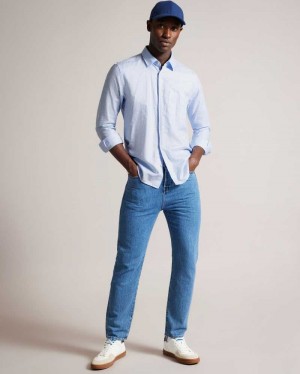 Light Blue Ted Baker Kingwel Long Sleeve Linen Blend Shirt | ZA0000960