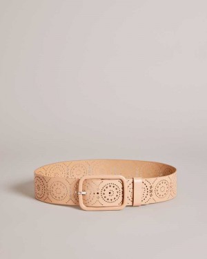 Light Brown Ted Baker Prelt Laser Cut Wide Leather Belt | ZA0001768