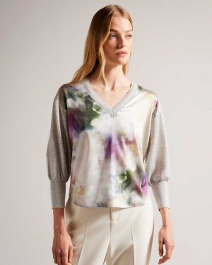 Light Green Ted Baker Beatric Woven Front Floral Jumper | ZA0000724