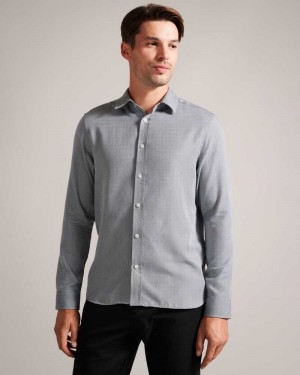 Light Grey Ted Baker Crotone Long Sleeve Herringbone Shirt | ZA0001023