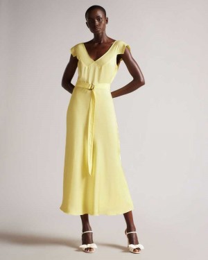 Light Yellow Ted Baker Noemi V Neck Bias Cut Midi Dress | ZA0000199