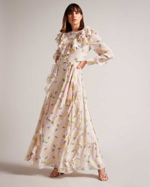 Light Yellow Ted Baker Vivyana Frilled Daisy Print Maxi Dress | ZA0000236