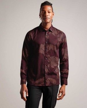 Maroon Ted Baker Bobbio Long Sleeve Sketchy Floral Print Shirt | ZA0000954