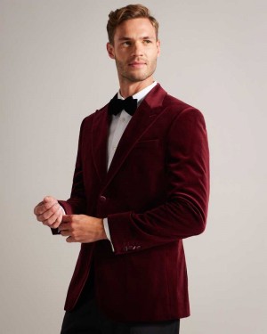 Maroon Ted Baker Edwardj Peaked Lapel Velvet Blazer | ZA0000549