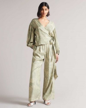 Medium Green Ted Baker Wyntir Tailored Wide Leg Trousers | ZA0001093