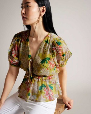 Medium Yellow Ted Baker Gabbyie Ruffled Floral Puff Sleeve Top | ZA0001323