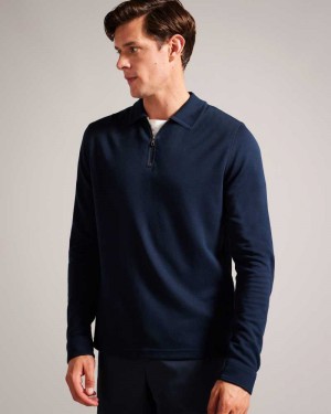 Navy Blue Ted Baker Karpol Long Sleeve Modal Polo Shirt | ZA0000881