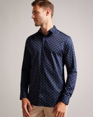 Navy Ted Baker Ardea Long Sleeve Geometric Print Shirt | ZA0000942