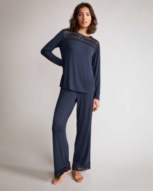 Navy Ted Baker Chelser Modal Long Sleeve Pyjama Set | ZA0000811