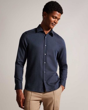 Navy Ted Baker Crotone Long Sleeve Herringbone Shirt | ZA0000943