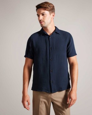 Navy Ted Baker Digmer Short Sleeve Lightweight Textured Shirt | ZA0000986