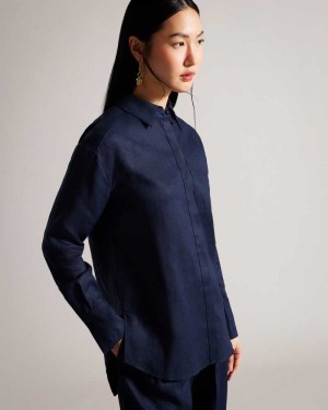 Navy Ted Baker Dorahh Longline Linen Shirt | ZA0001158