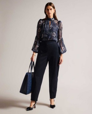 Navy Ted Baker Eliona Barrel Trousers With Pin Tuck Detail | ZA0001494